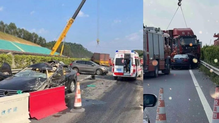 兰海高速一大货车冲过防护栏撞向对面5辆汽车 致5死11伤