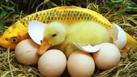 趣味定格動畫:剛出生的小鴨子太可愛了,魚媽媽給它找食物吃